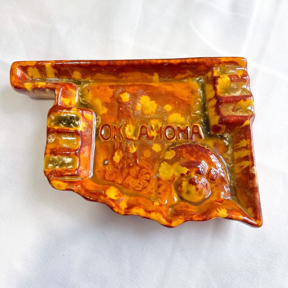 Vintage Oklahoma State Ceramic Ashtray Trinket Dish Western Cherokee 71680